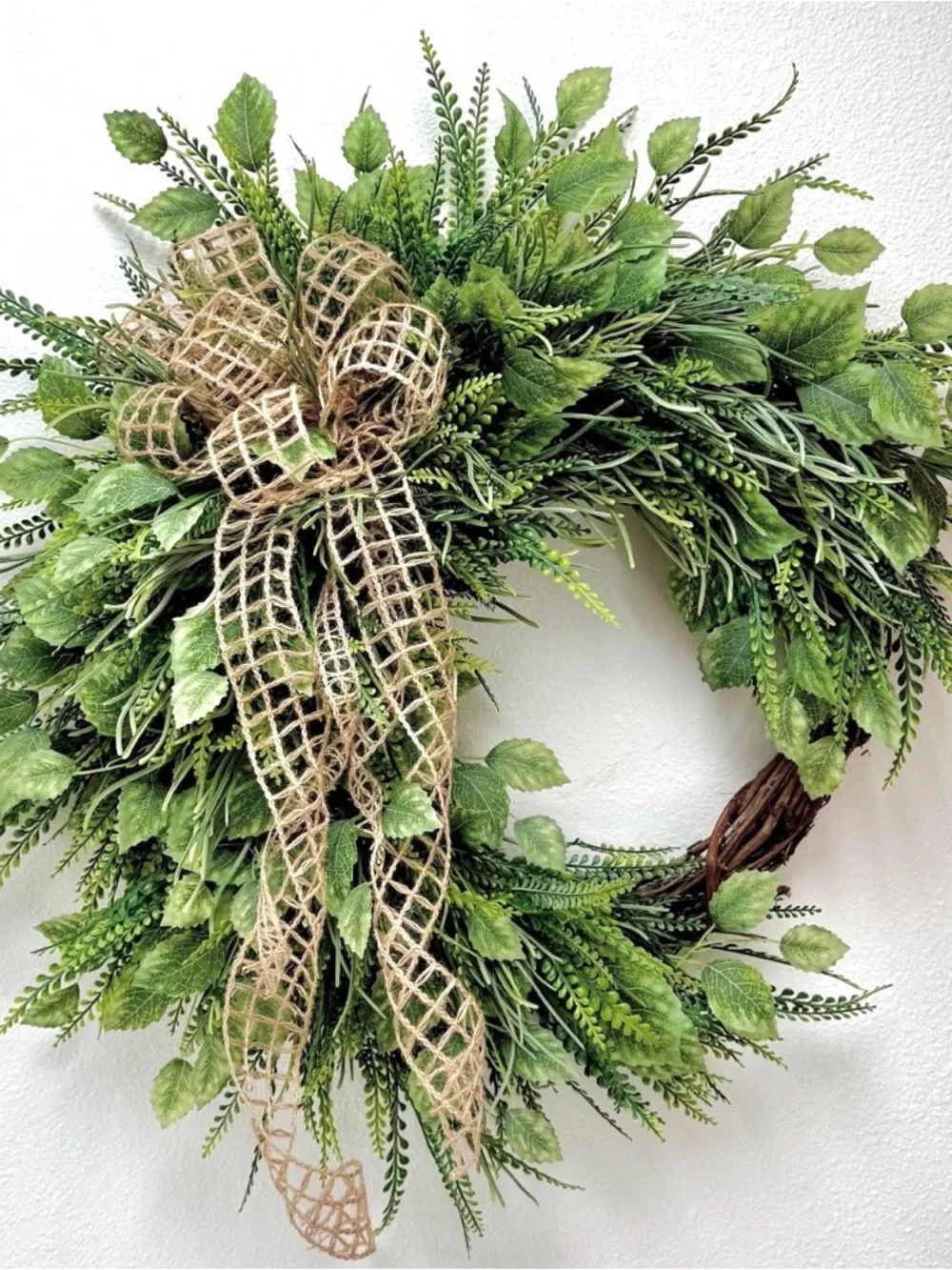 Year Round Wreath - Green Rustic Jute Bow Fern Wreath - Mother's Day